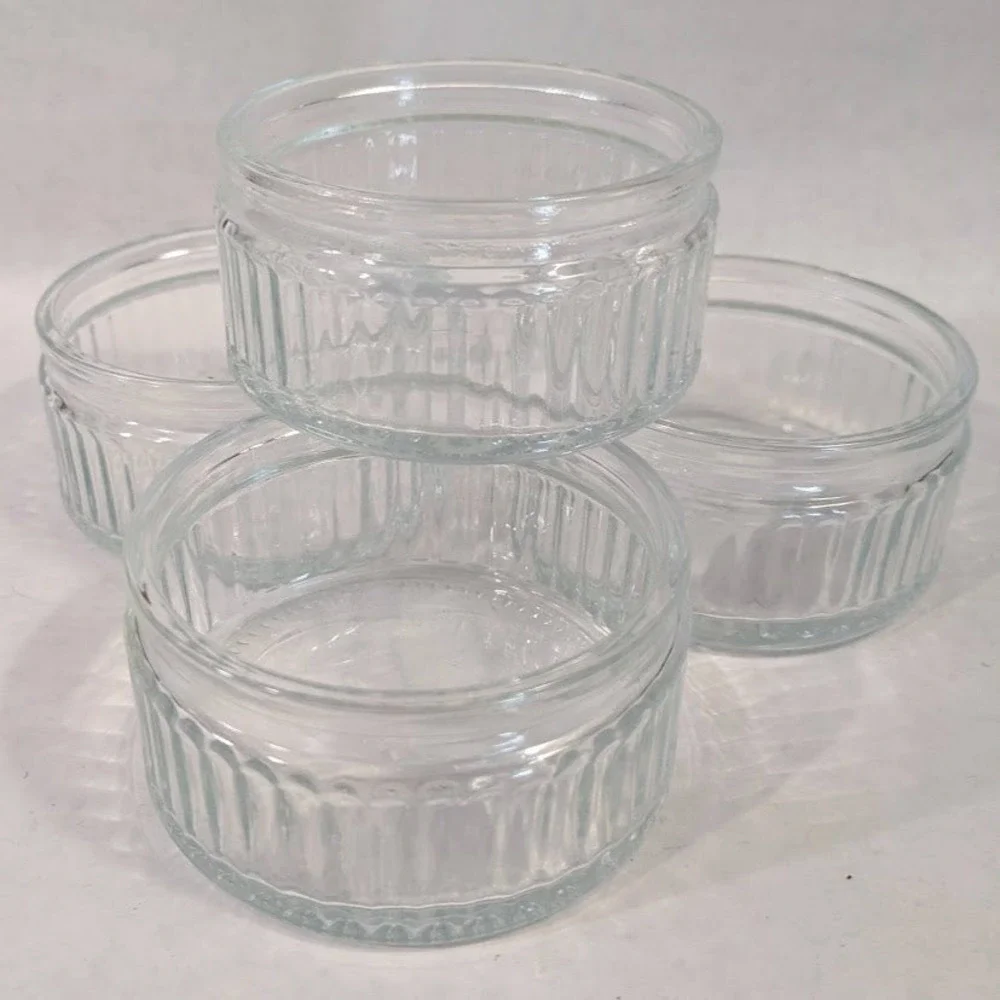 Vintage Clear Glass Ramekins Set of 4 Ribbed Fluted Souffle Custard Cups 3.5in